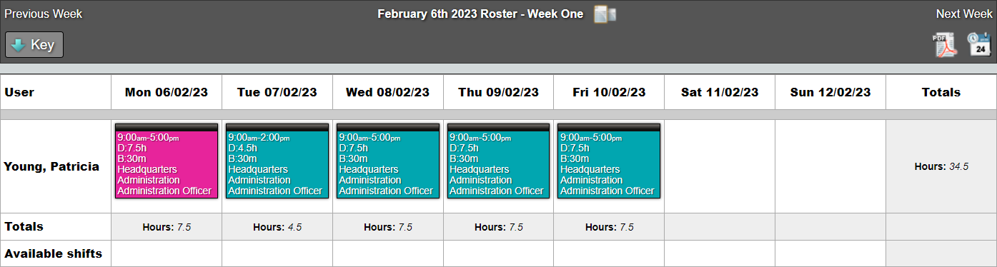 Opened shift displayed in pink on roster