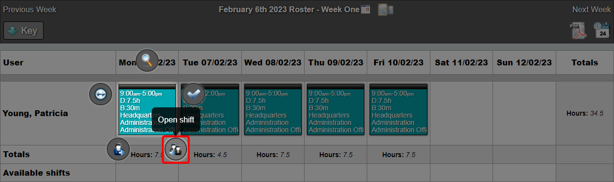 Open Shift button in roster view