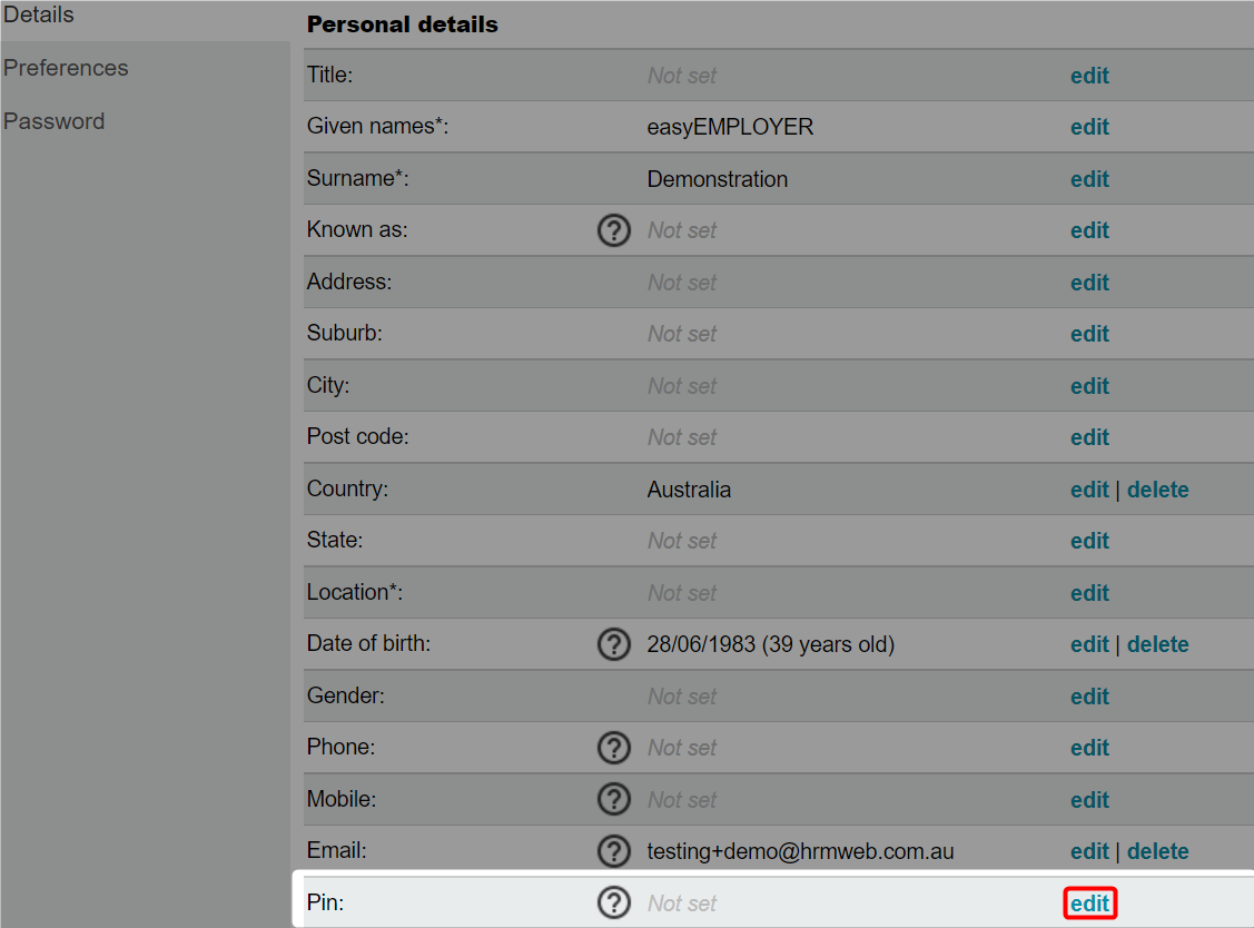 Edit PIN field in profile details