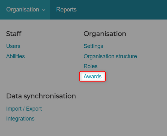 Awards option selected from the Organisation menu