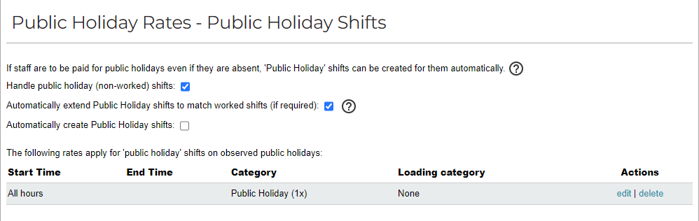 Public Holiday Rates - Public Holiday Shifts settings