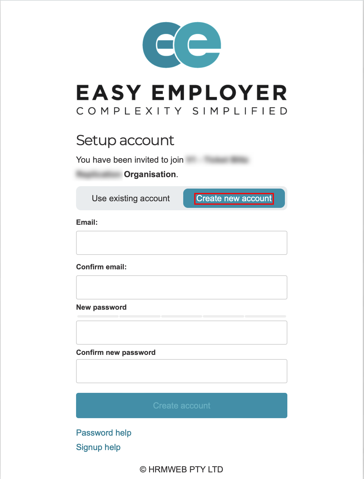 Create new account screenshot