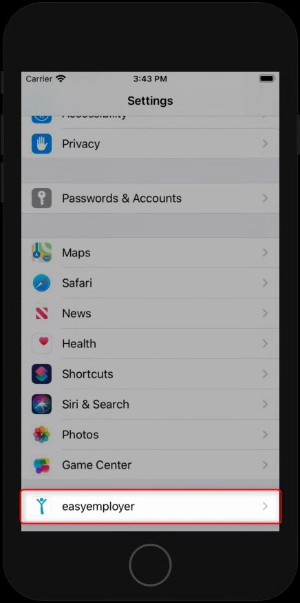 Locate EE in app settings