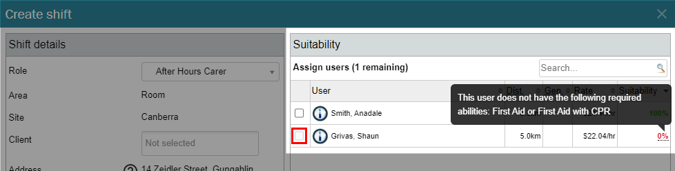 User excluded from shift