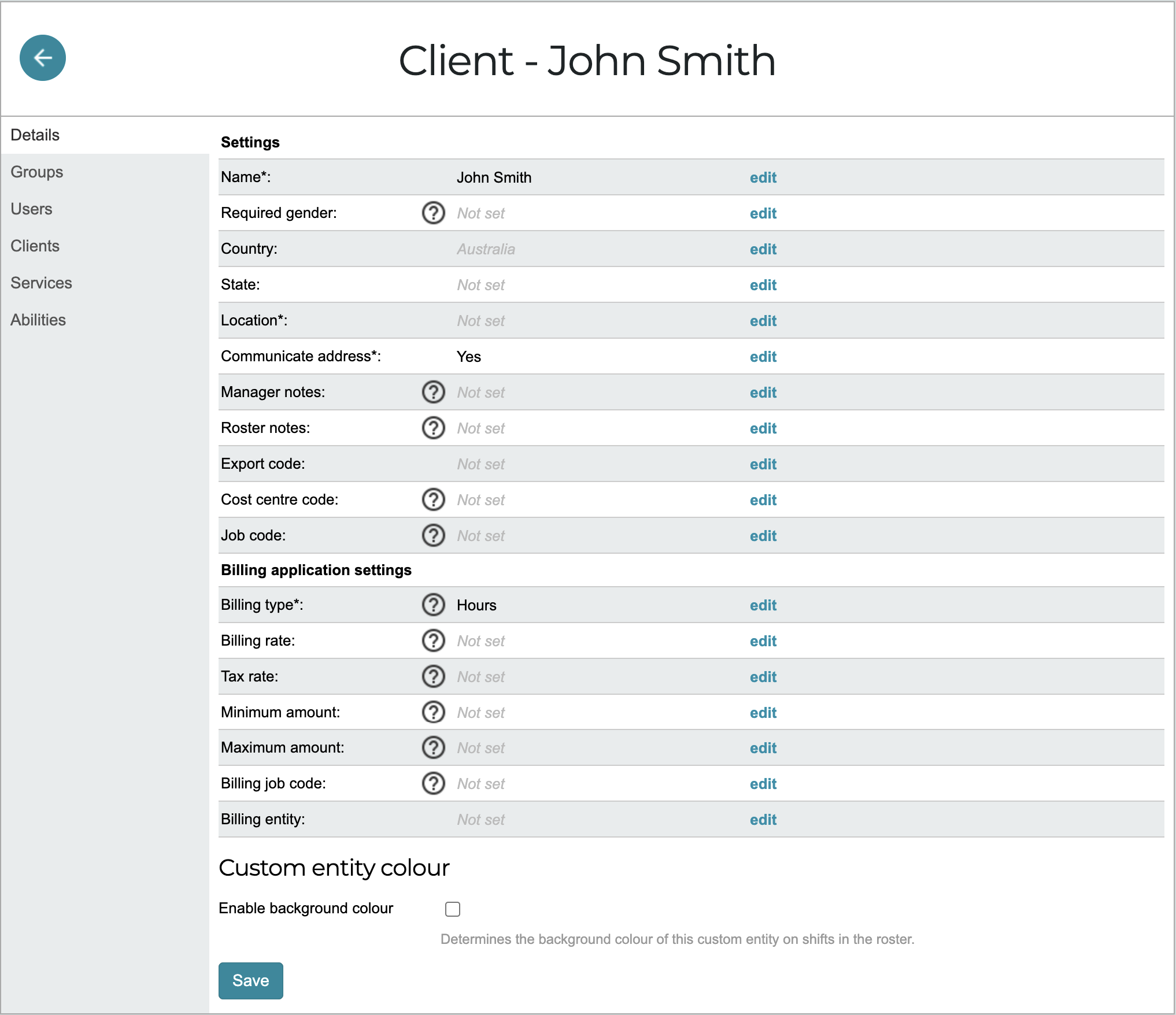 Custom entity client list screen