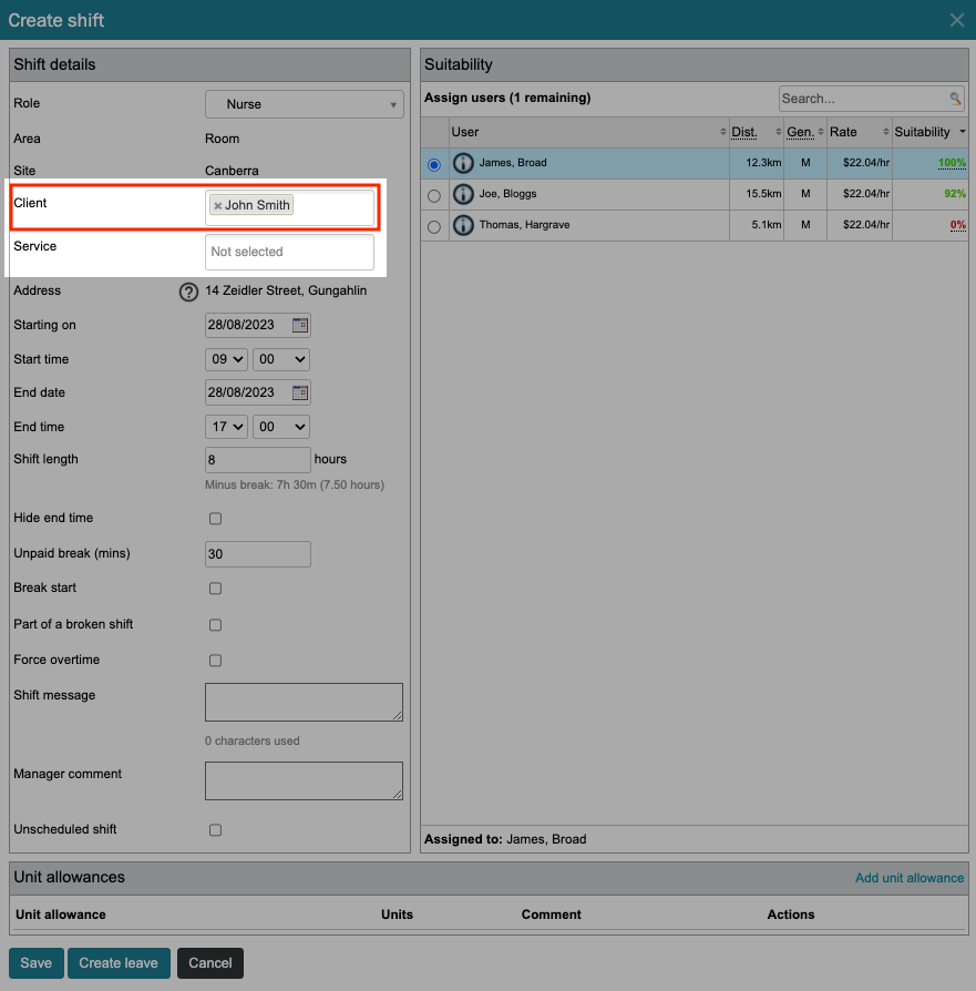 Roster shift view with custom entity field