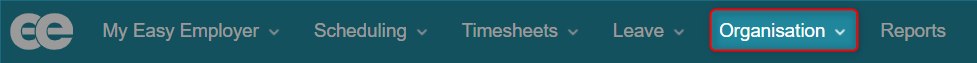 Organisation menu in the navigation bar