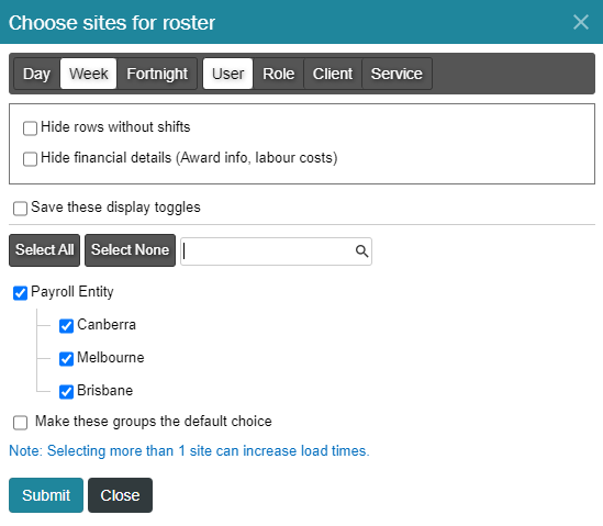 Choose sites for roster dialog